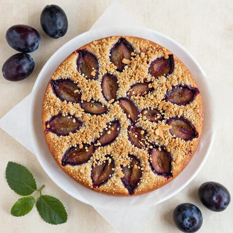 Zwetschgenkuchen mit Rührteig und Streuseln 1 Ein frisch gebackener Zwetschgenkuchen mit Rührteig und goldbraunen Streuseln auf einem Backblech