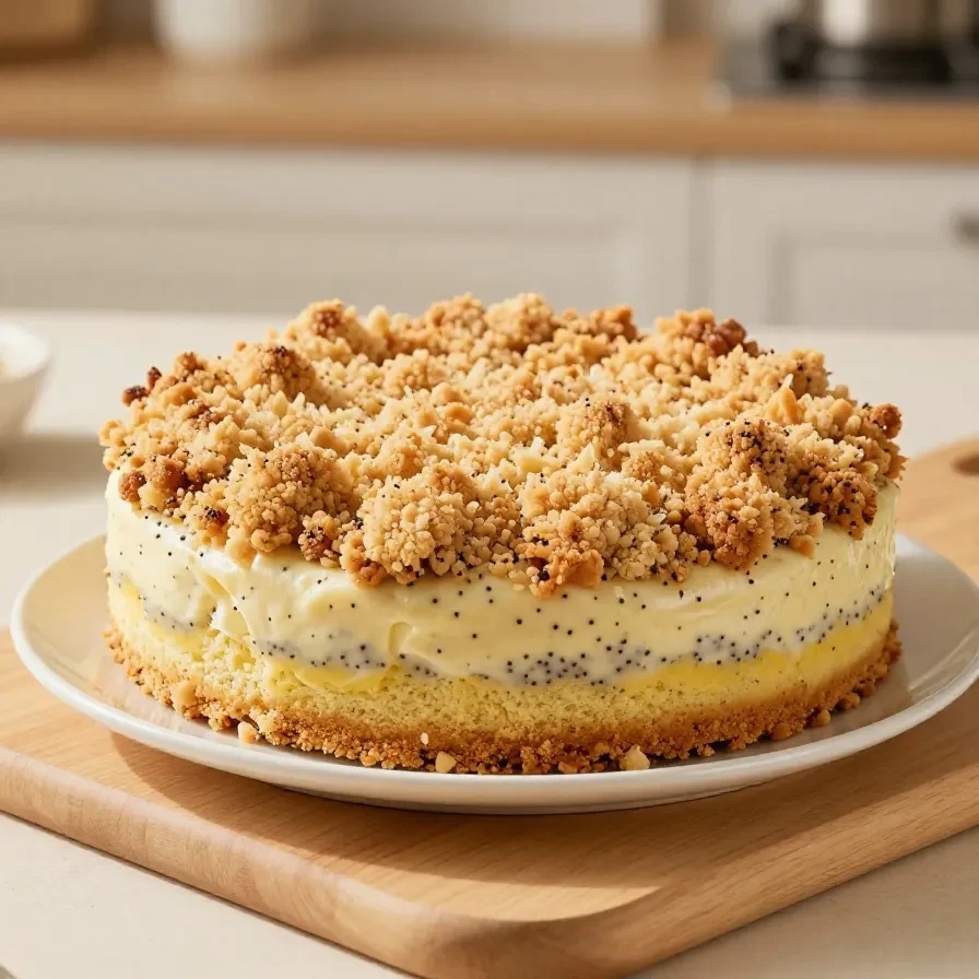 Stück Mohnblechkuchen mit goldbrauner Kruste und feiner Puderzucker-Schicht auf einem Teller