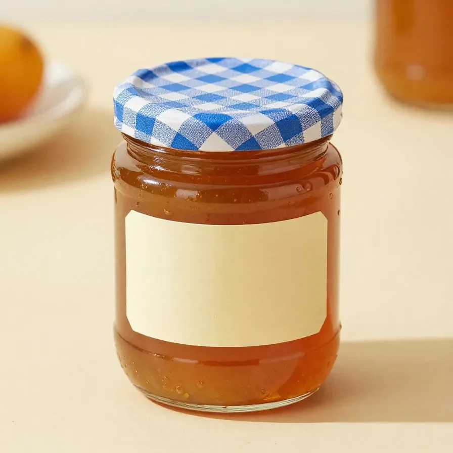 Glas mit goldgelber Mirabellenmarmelade verfeinert mit Amaretto und Rosmarin auf einem hellen Holztisch