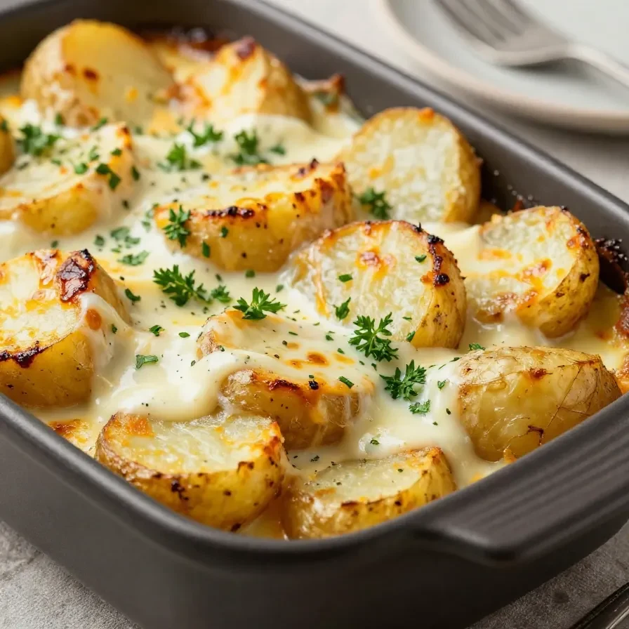 Ein goldbraun gebackener Kürbis-Tariflette-Kartoffelauflauf in einer Keramikform, serviert mit geschmolzenem Käse und frischen Kräutern.