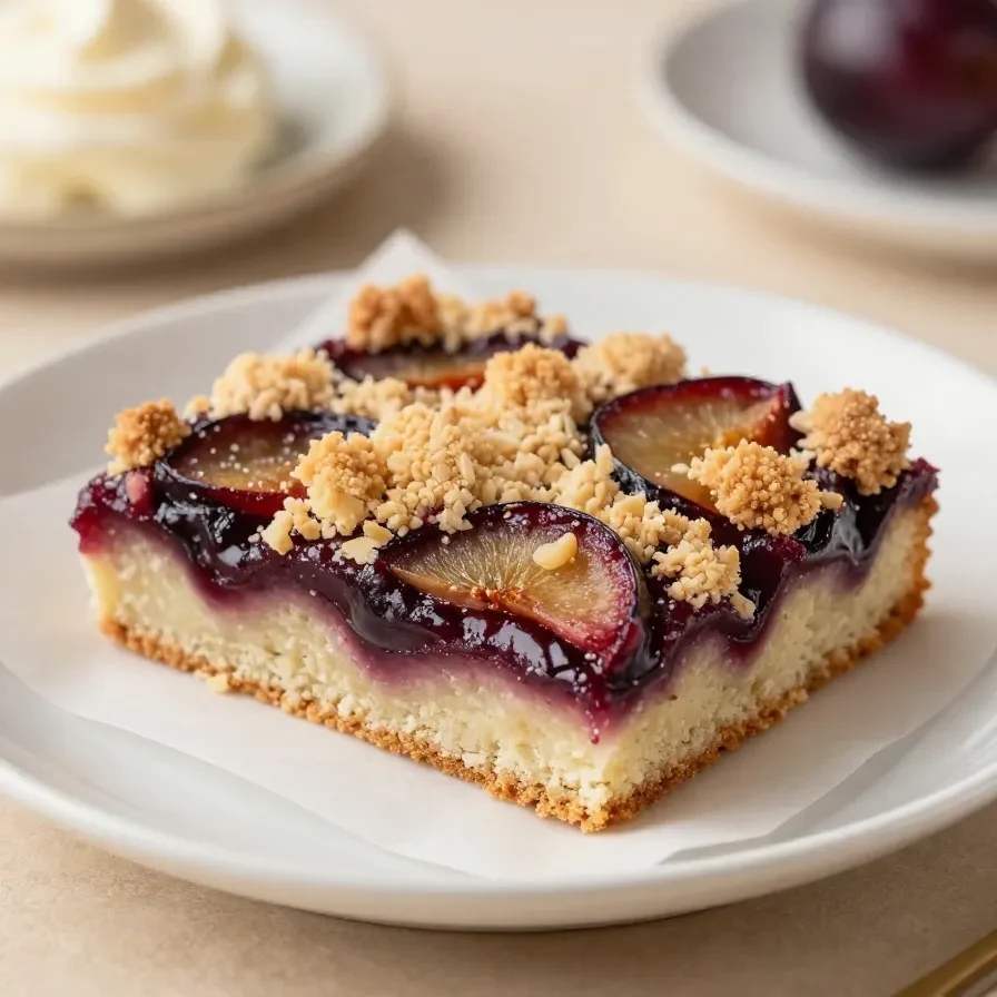 Zwetschgenkuchen mit Rührteig und Streuseln 6 Ein frisch gebackener Zwetschgenkuchen mit Rührteig und goldbraunen Streuseln auf einem Backblech