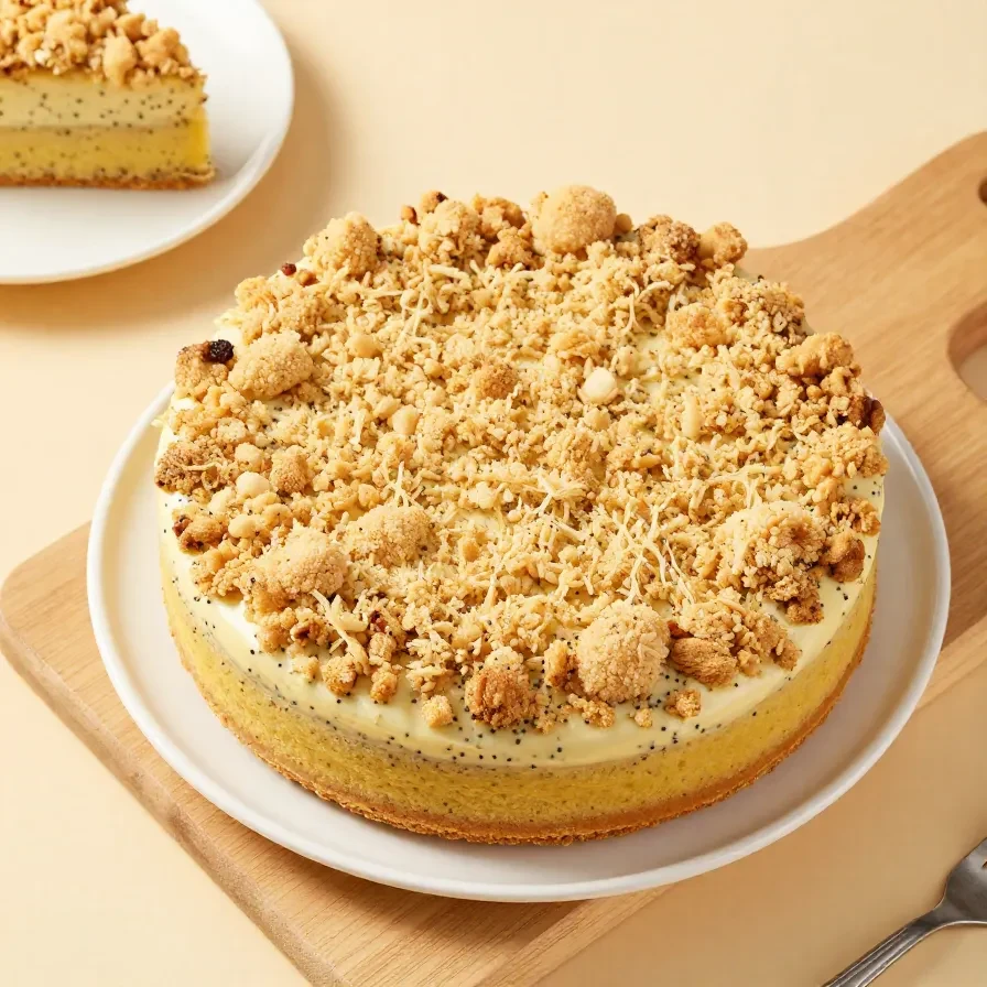 Stück Mohnblechkuchen mit goldbrauner Kruste und feiner Puderzucker-Schicht auf einem Teller