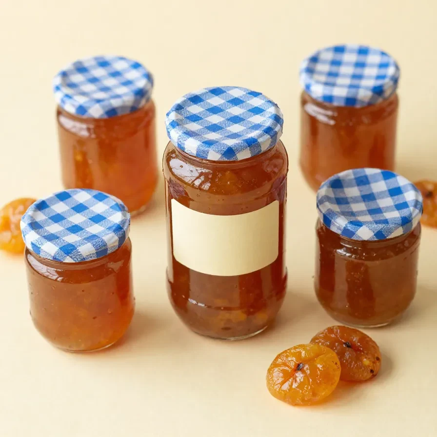 Glas mit goldgelber Mirabellenmarmelade verfeinert mit Amaretto und Rosmarin auf einem hellen Holztisch
