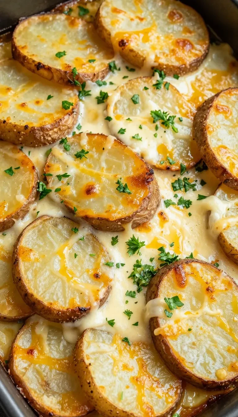 Ein goldbraun gebackener Kürbis-Tariflette-Kartoffelauflauf in einer Keramikform, serviert mit geschmolzenem Käse und frischen Kräutern.