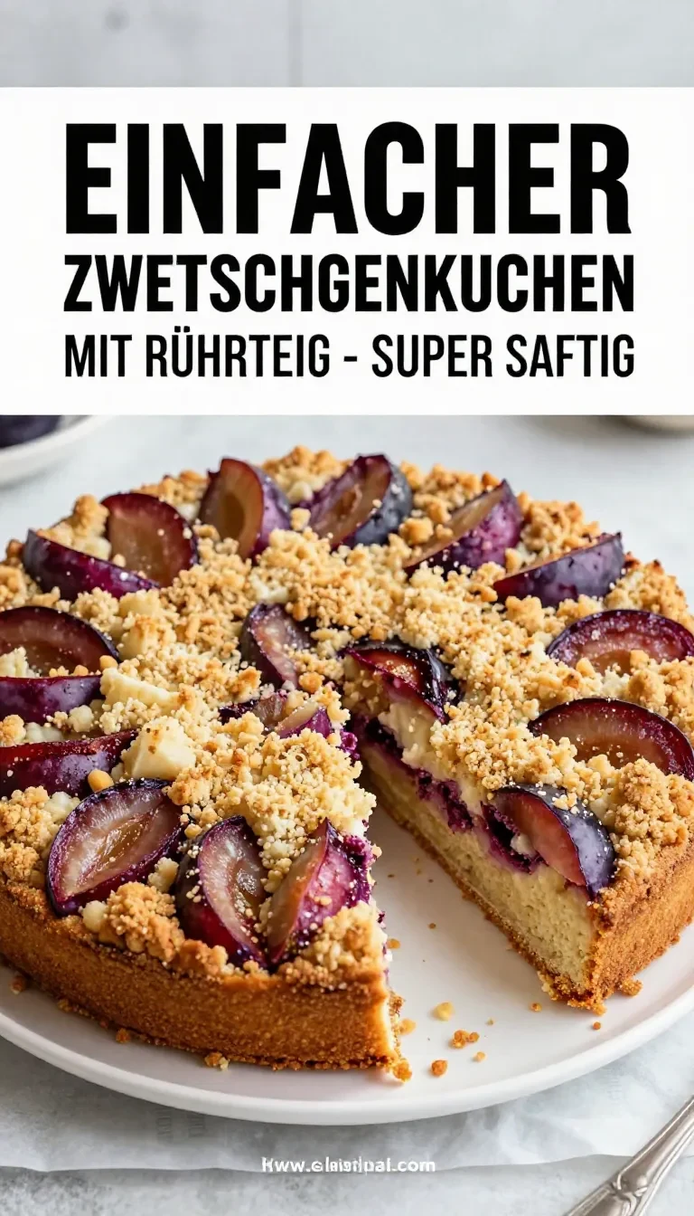 Zwetschgenkuchen mit Rührteig und Streuseln 9 Ein frisch gebackener Zwetschgenkuchen mit Rührteig und goldbraunen Streuseln auf einem Backblech