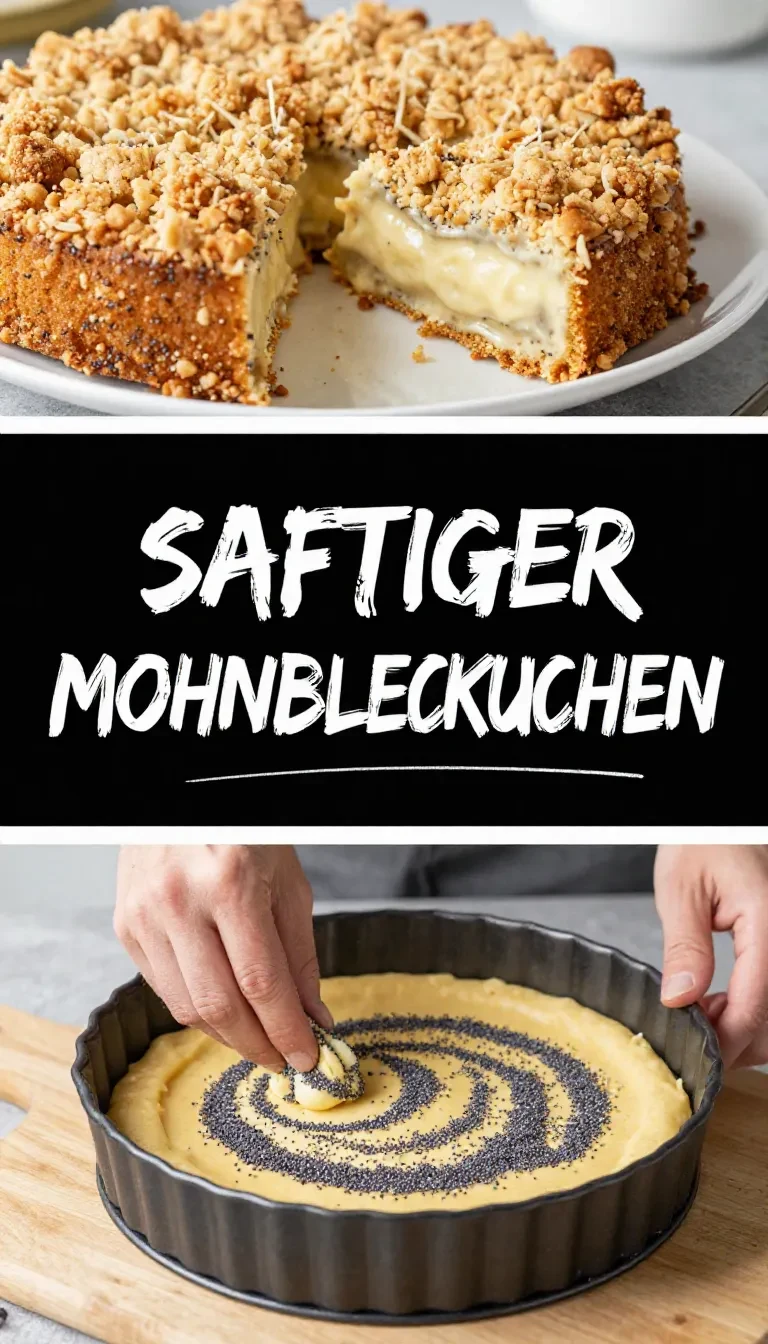 Stück Mohnblechkuchen mit goldbrauner Kruste und feiner Puderzucker-Schicht auf einem Teller