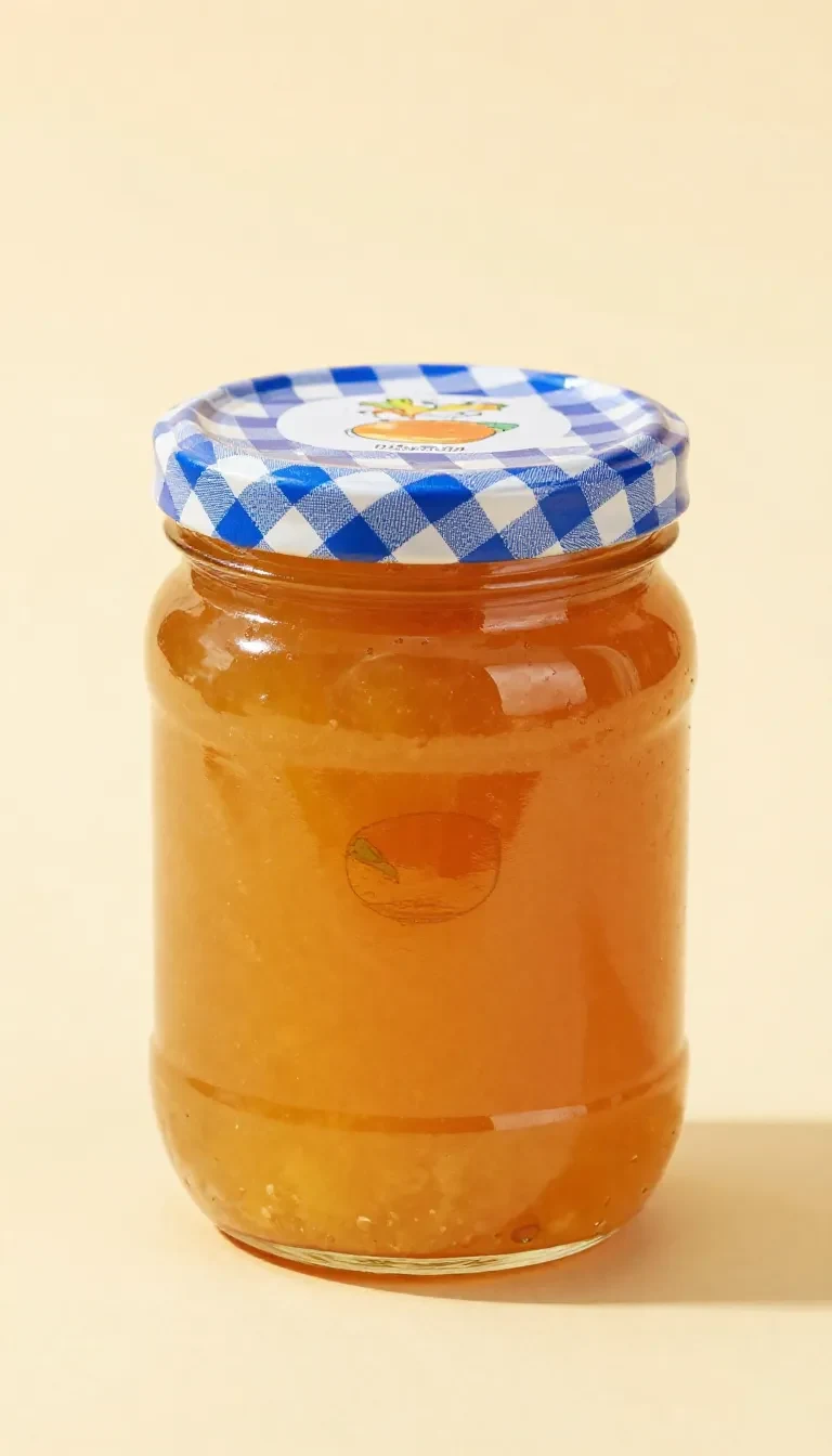 Glas mit goldgelber Mirabellenmarmelade verfeinert mit Amaretto und Rosmarin auf einem hellen Holztisch