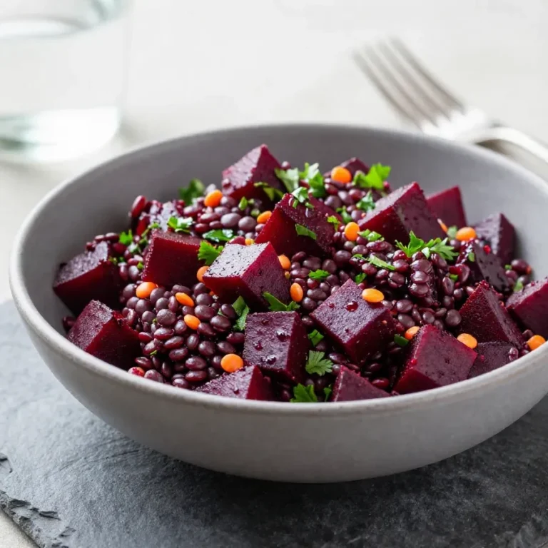 Eine Schüssel mit Rote-Bete-Linsen-Salat, garniert mit frischen Kräutern und Zutaten in leuchtenden Farben.