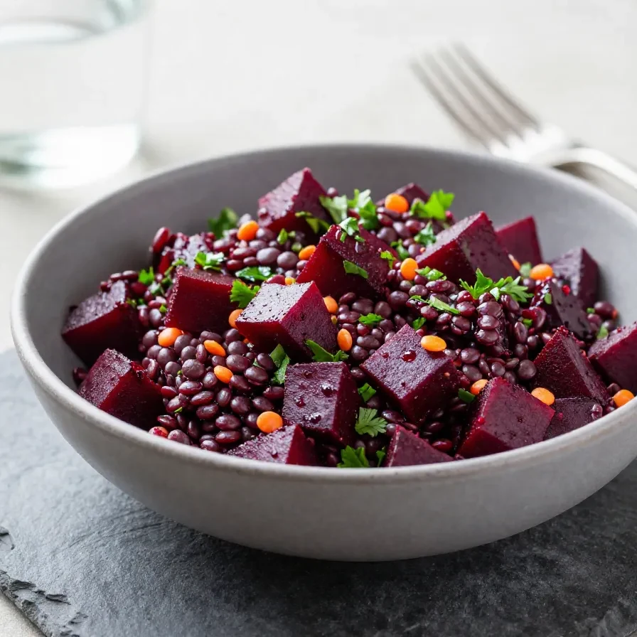 Eine Schüssel mit Rote-Bete-Linsen-Salat, garniert mit frischen Kräutern und Zutaten in leuchtenden Farben.