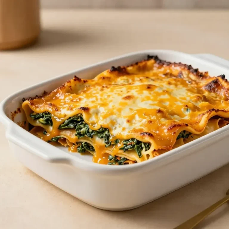 Vegane Kürbis-Lasagne mit Spinat in einer ofenfrischen Auflaufform, serviert mit goldbrauner Oberfläche.