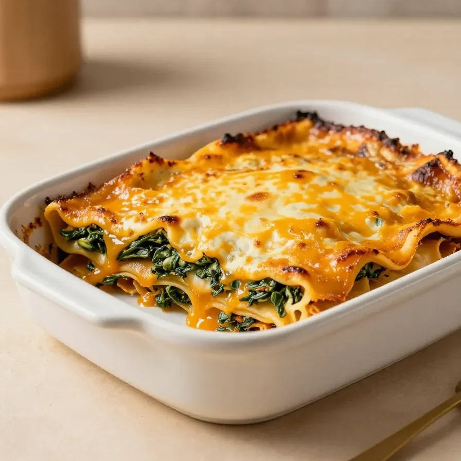 Vegane Kürbis-Lasagne mit Spinat in einer ofenfrischen Auflaufform, serviert mit goldbrauner Oberfläche.