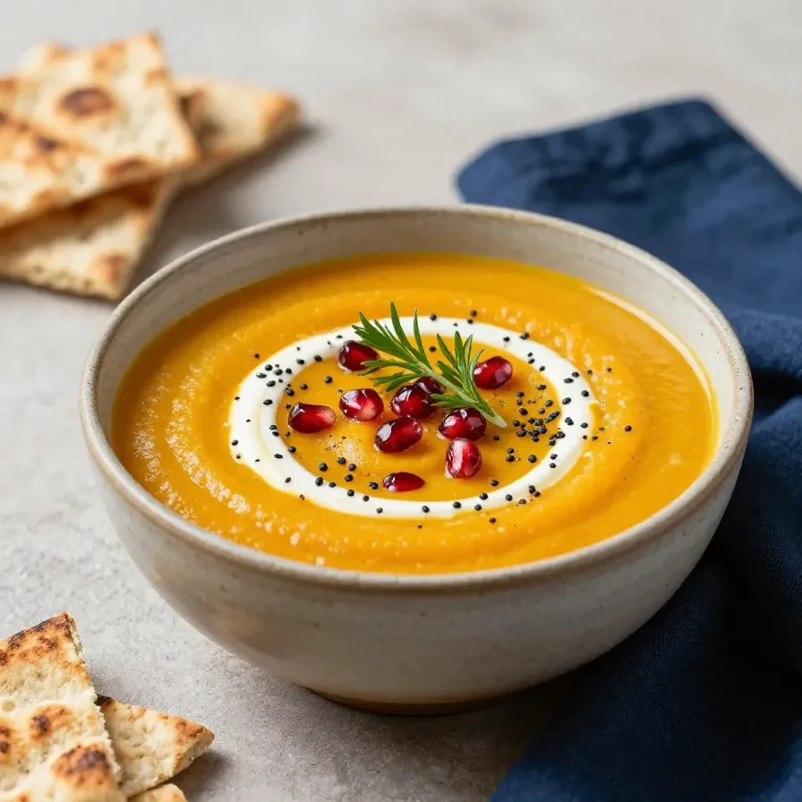 Eine cremige herbstliche Kürbissuppe mit Ingwer und Möhren in einer Schale, garniert mit Kürbiskernen und frischen Kräutern.