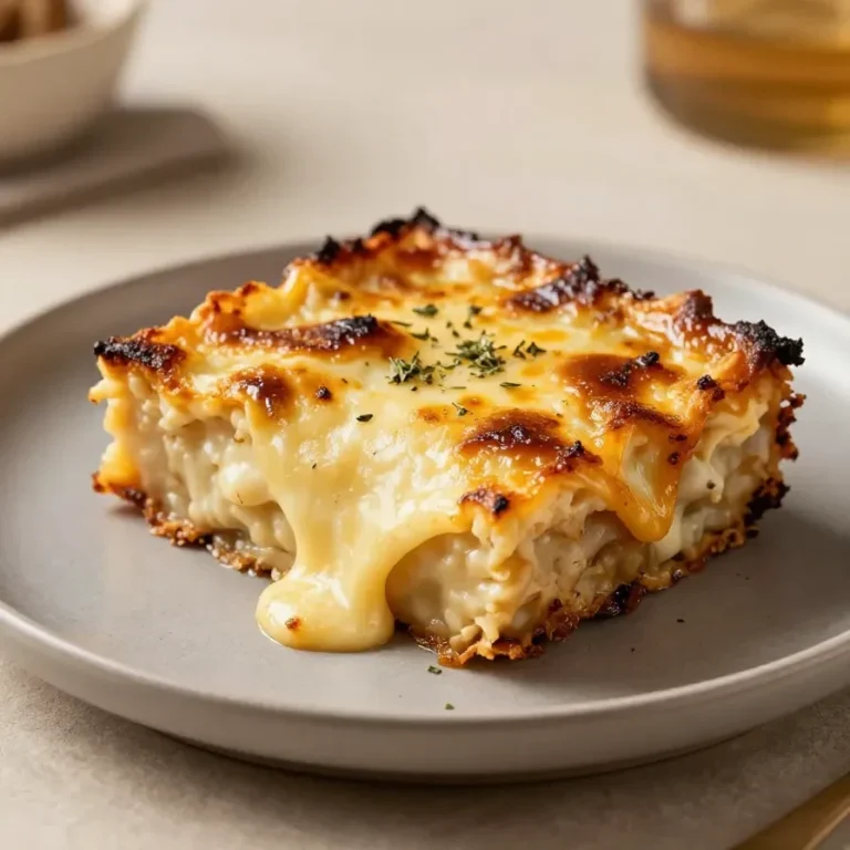 Ein herzhafter Zucchinikuchen in einer Backform, goldbraun gebacken und mit frischen Kräutern garniert.