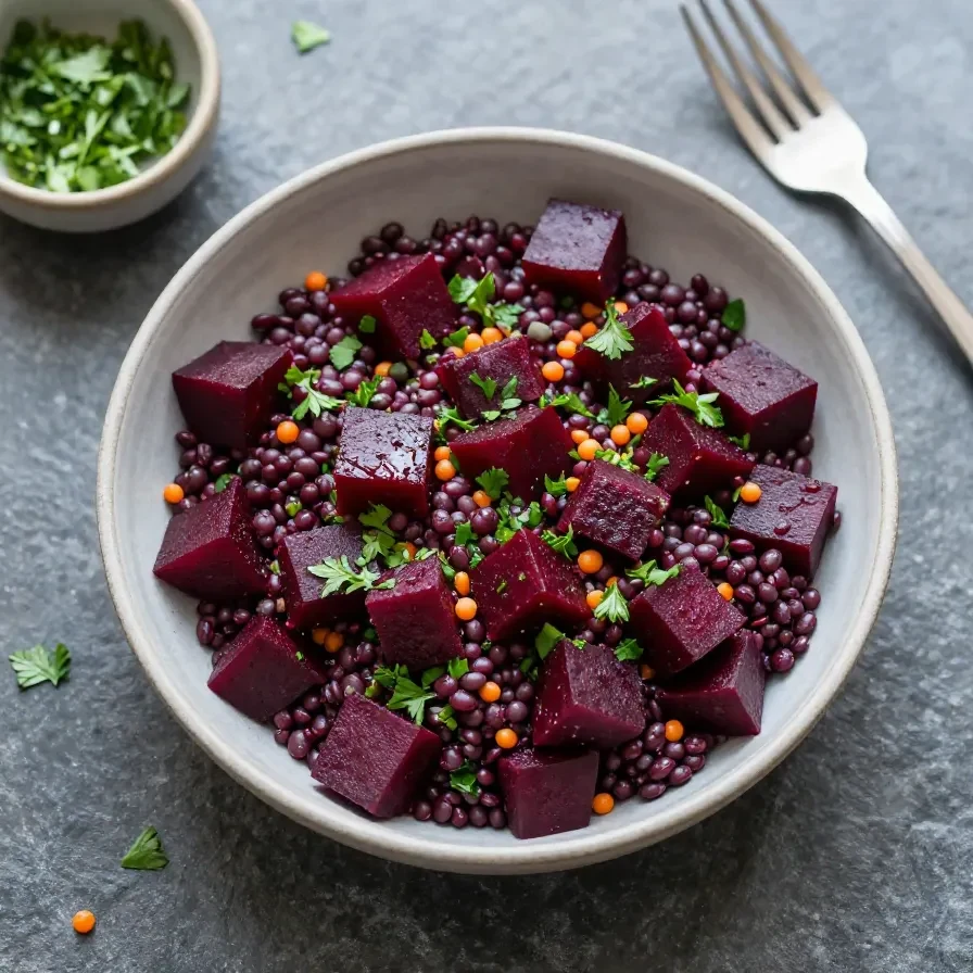 Eine Schüssel mit Rote-Bete-Linsen-Salat, garniert mit frischen Kräutern und Zutaten in leuchtenden Farben.
