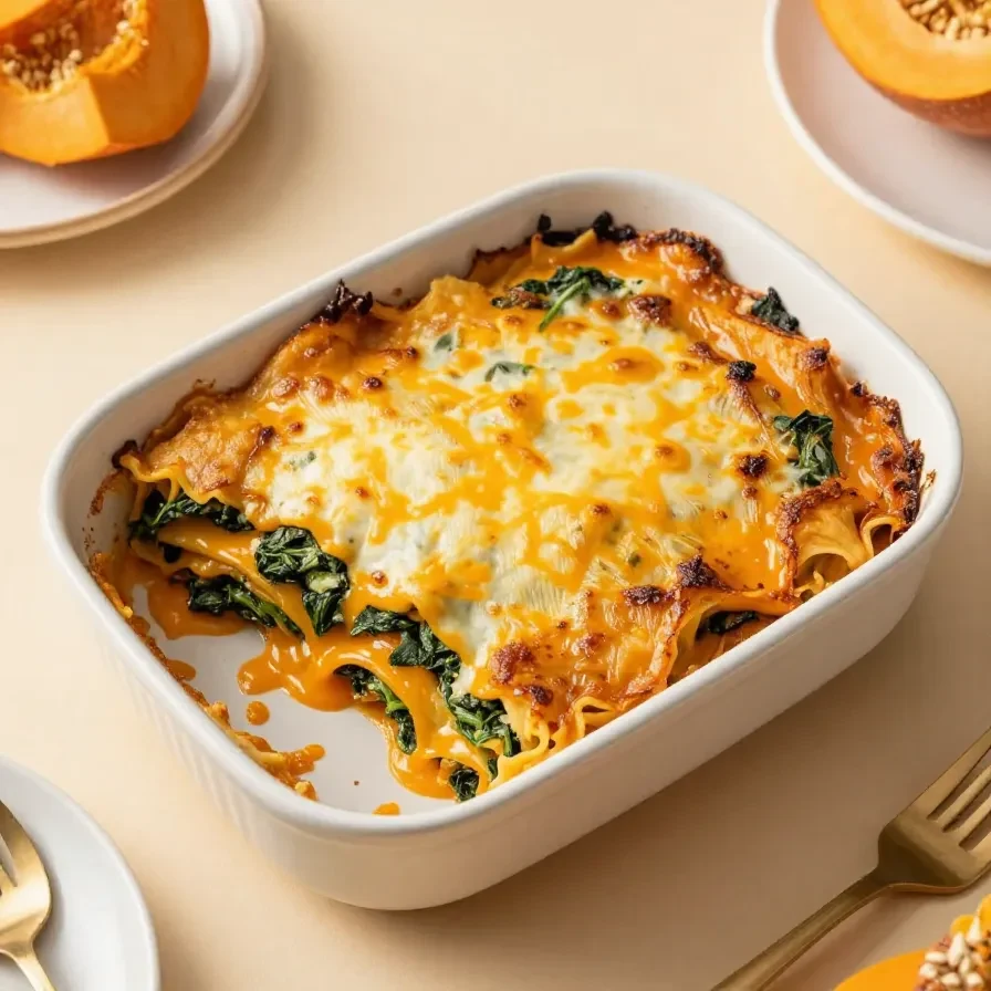 Vegane Kürbis-Lasagne mit Spinat in einer ofenfrischen Auflaufform, serviert mit goldbrauner Oberfläche.