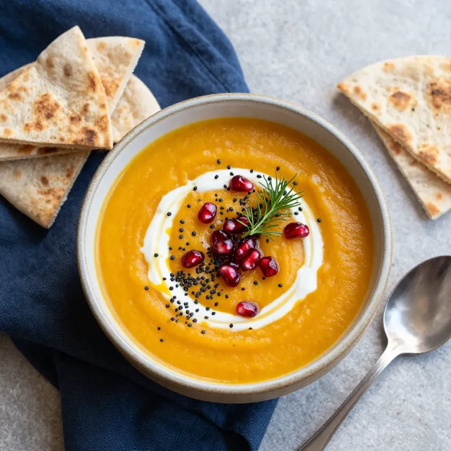 Eine cremige herbstliche Kürbissuppe mit Ingwer und Möhren in einer Schale, garniert mit Kürbiskernen und frischen Kräutern.