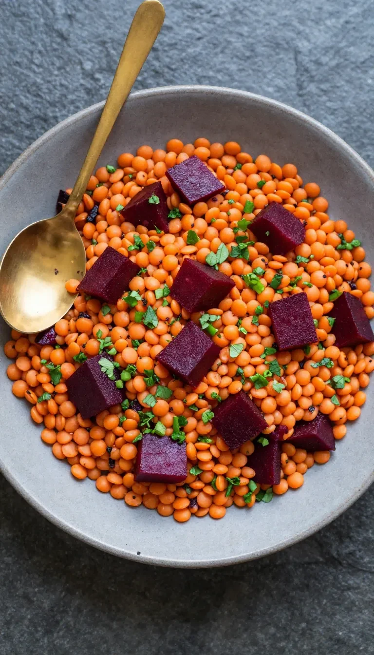 Eine Schüssel mit Rote-Bete-Linsen-Salat, garniert mit frischen Kräutern und Zutaten in leuchtenden Farben.
