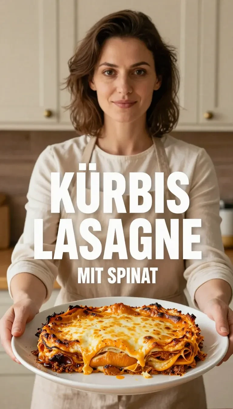 Vegane Kürbis-Lasagne mit Spinat in einer ofenfrischen Auflaufform, serviert mit goldbrauner Oberfläche.