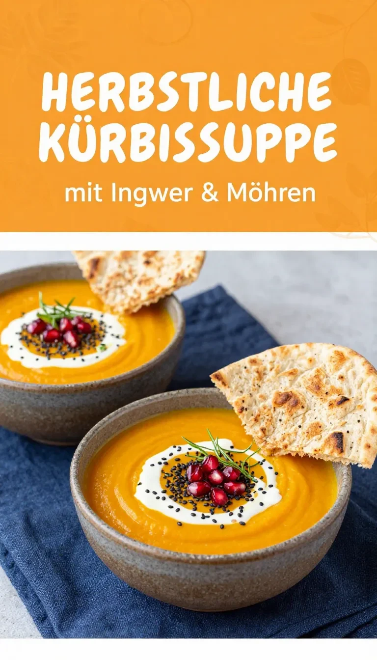 Eine cremige herbstliche Kürbissuppe mit Ingwer und Möhren in einer Schale, garniert mit Kürbiskernen und frischen Kräutern.